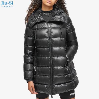 China High Quality Shiny Nylon Raincoat Custom Made Snow Hooded Long Down Jacket Women Black for sale