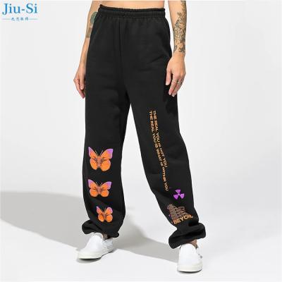 China Anti-wrinkle Fashion Spring Blue Screen Printed Butterfly Black Joggers Knit Sweatpants Women Sweatpants for sale