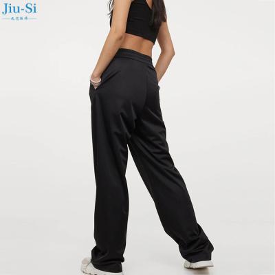 China Anti-wrinkle fashion full length 100% polyester spring summer black wide legs knit elastic waist pants for women for sale