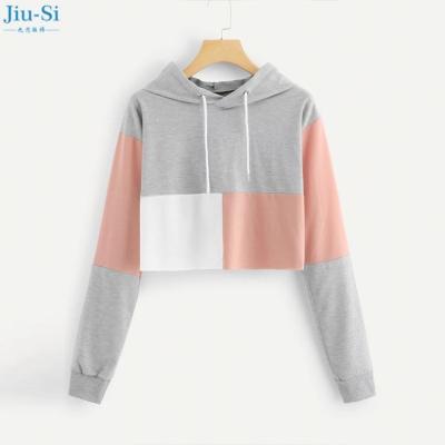 China 2021 New Fashion Anti-Shrink Women Color Block Drawstring Retail Long Sleeve Crop Top Sweatshirt Hoodie for sale