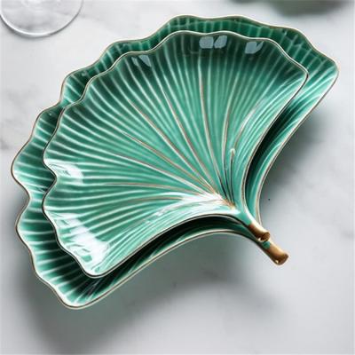 China New Nordic Viable Ceramic Design Leaf Shape Green Color Bulk Dish For Dinner for sale