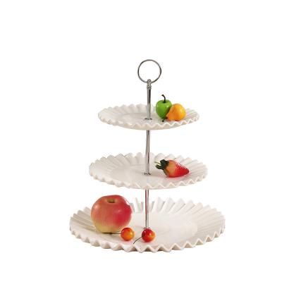 China Eco-friendly wedding party used rim round shape design wavy 3 tier hanging ceramic serving tray for cake dessert for sale