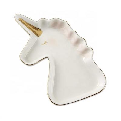 China Eco-friendly Lovely Decorative Unicorn Shape Custom Gold Plated Ceramic Jewelry Dish For Necklace Ring for sale