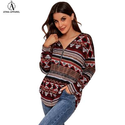 China 2021 Hot Sale Anti-Wrinkle Blouse Women Drop Shoulder Indian Print Striped Zipper Neck Tunic Top Top for sale