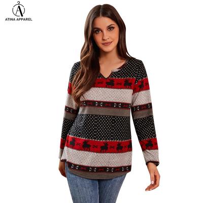 China 2021 hot sale Anti-wrinkle long sleeve V-neck pullover Christmas printing fleece tops blouse women tops tunic hot for sale