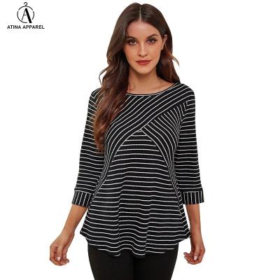 China 2021 new arrival women's anti-pilling tops fashionable elegant scoop neck patch work striped top with lace sleeve for sale