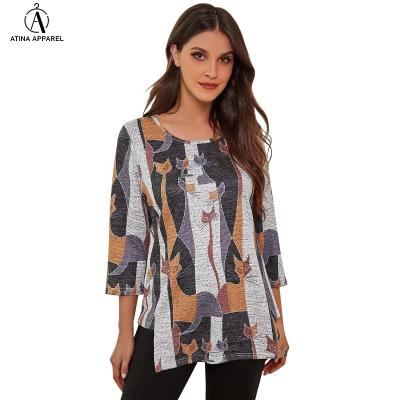 China 2021 New Arrival Women's Anti-pilling Top Round Neck Elegant Fashionable Cat Print Tunic Top for sale