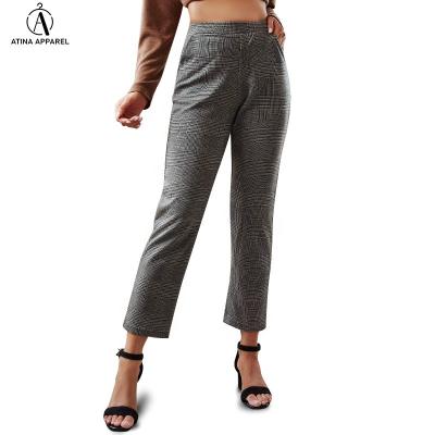 China 2021 New Arrival Viable Bottoms For Women Elegant Elastic Mid-rise Waistline Tailored Plaid Pants With Pockets for sale