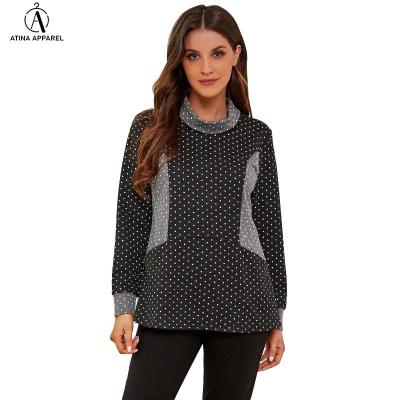 China 2021 new arrival Anti-wrinkle plus size women's clothing turtle hood neck polka Dot Patch Work Tunic Tops with pockets details for sale