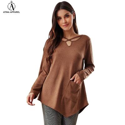 China 2021 New Arrival Women's Anti-pilling Tops Fashionable Solid Criss-Cross Neck Swing Tunic Asymmetric Top With Front Pocket for sale