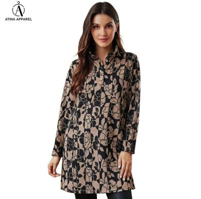 China 2021 New Arrival Long Sleeve Anti-Static Wire Neck Elegant Casual Dresses Floral Women Blouse And Pockets Dress for sale