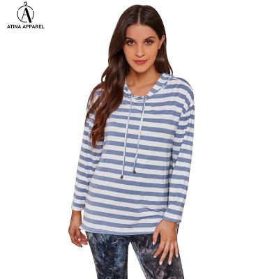 China 2021 New Arrival Anti-wrinkle Breathable Oversized Drop Shoulder Loungewear Drawstring Bamboo Hoodie Striped Top for sale