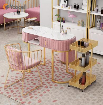 China Multi Storage Space Yoocell Gold Nail Table Station Beauty Station Manicure Chair Nail Equipment High End Manicure Table for sale