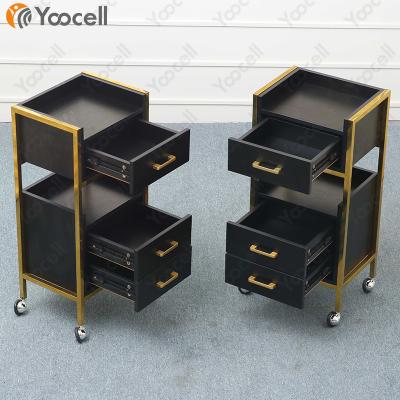 China Modern Yoocell Black Gold Metal Barber Shop Beauty Salon Drawer Cart Pedestal Rolling 4 Wheel Trolley Trolley for Haircut for sale