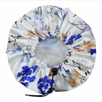 China Large Sustainable Custom Jumbo Flower In Stock Satin Lined Shower Caps With Adjustable Drawstring Strings Waterproof Bath Caps for sale