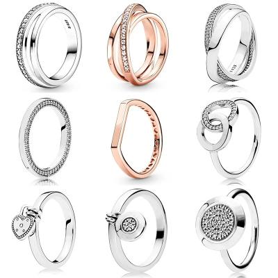 China Women Gift Fashion Crystal Flower Finger Ring For Pandoraer Round Ball Design Sterling Silver Gold Stripe Ring Charms Rose CLASSIC 925 for sale