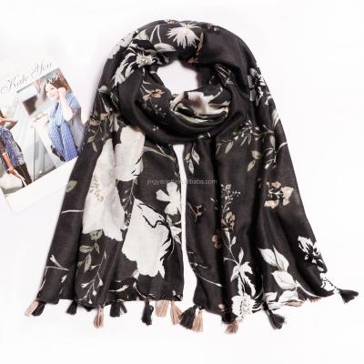 China Wholesale Daily Life Cotton Fashion Elegant Black Floral Printed Lady Tassel Scarf Women Cotton Scarf Shawl for sale