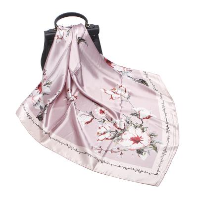 China 2021 New European American Satin Ladies Fashion Silk Scarf 90*90cm Camellia Print Square Scarf for sale