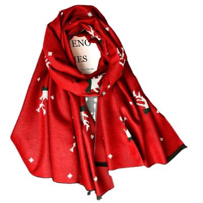 China Winter European American Wholesale Scarf Christmas Gift Simulation Cashmere Tassel Double Sided Elk Print Christmas Scarf Shawl for sale