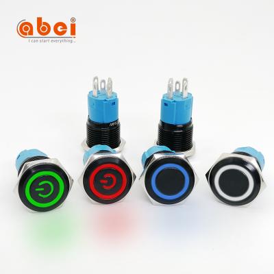 China ABEI Aluminum Oxidation 16mm SPDT 12V Waterproof 24V Led Latch Metal Illuminaed Black Push Button Switch for sale