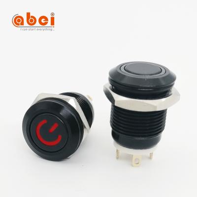 China Aluminum Oxidation ABEI Black Metal 12mm Led Power Indicator Light Waterproof Momentary On-Off Push Button Switch for sale