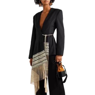 China Anti-Wrinkle Blazer Dress V-neck Solid Color Long Deep Sleeve Embroidered Tassel Blazer Women for sale