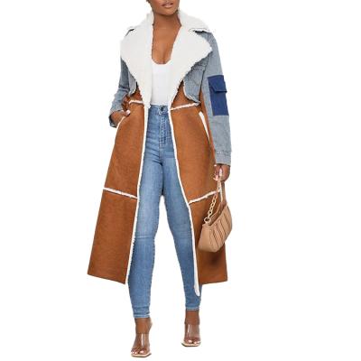 China Hot Sale High Quality Women Anti-Wrinkle Coated Faux Fur Collar Long Sleeve Stylish Denim Jackets Long Coat For Women for sale