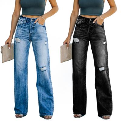 China QUICK DRY jeans for women hot sale mid waist washed hole jeans pants for women for sale