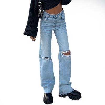 China QUICK DRY jeans for women hot sale waist denim hollow high holes women jeans pants for sale