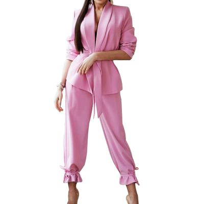 China QUICK DRY Stylish Two Piece Pants Set Solid Color Office Work Ladies Two Piece Set Long Sleeve Blazer Set for sale