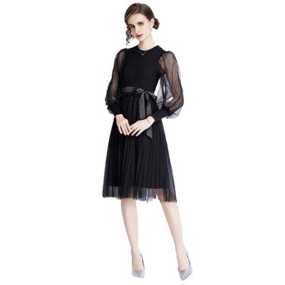 China High Quality Round Neck Mesh Long Sleeve Elegant Casual Dress Anti-static Black Fashion New Dresses for sale