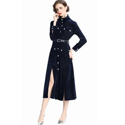 China Anti-static velvet dress in lapel running collar embroidery temperament elegant long sleeve dresses causal dress for sale