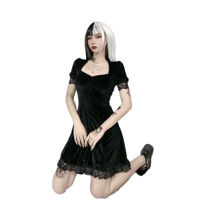 China High Quality Breathable Halloween Dark Black Pleated New Gothic Korean Dresses Fashion Lady Dress 2021 for sale