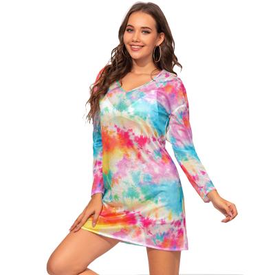 China 2021 New Arrivals Tie Dye Casual V-Neck Dresses Anti-Static Casual T-shirt Dress Women For Cheap Casual Women Dress for sale