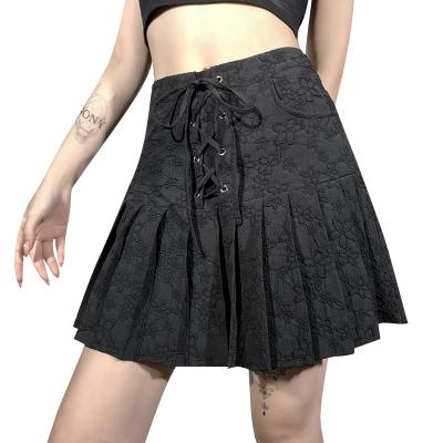 China Sweetown Breathable Black Aesthetic Goth Pleated Skirts Women Lace Up Trim Low Waist Girl Mini Skirt for sale