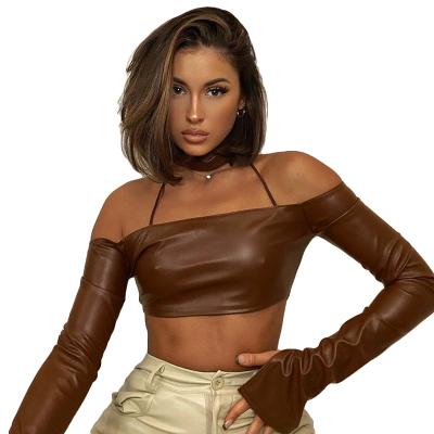 China 2021 New Arrival Silm Brown Shirt Women One Shoulder QUICK DRY PU Leather Long Sleeve Skinny Shirt Women for sale