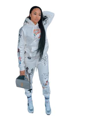 China 2021 New Anti-pilling Letter Printing Women's Fashion Fleece Causal Hoodie 2 Piece Set for sale