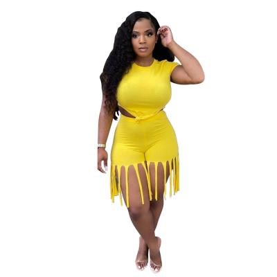 China 2021 Hot Selling Plus Size Solid Color Short Sleeve Tassel QUICK DRY Two Piece Pants Set 2 Pieces For Women for sale