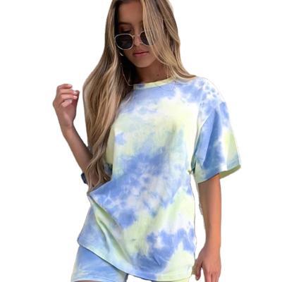 China Anti-pilling summer 2021 tie-dye loose casual short sleeve T-shirt two-piece shorts for women for sale