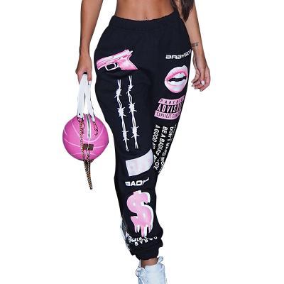 China 2021New Arrival High Waist Graffiti QUICK DRY Drawstring Loose Streetwear Long Pants for sale