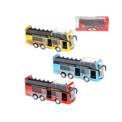 China Toy Alloy Diecast Die Cast Double Decker Back Pull Bus Model Toy With Sound And Light 1:36 Two Open Doors Hot Selling School Bus Toy for sale