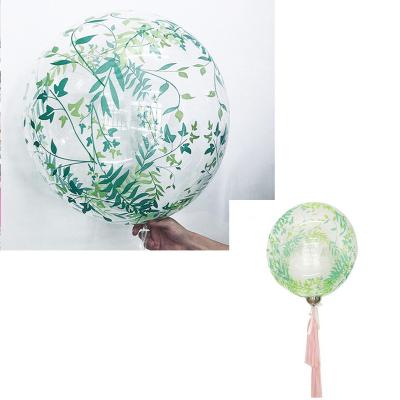 China Advertising Toy Advertising Toy BLN New Design 20 Inch Round Shape Stretchable Clear Latex Printed Green Leaves Bobo Plastic Bubble Balloon for sale