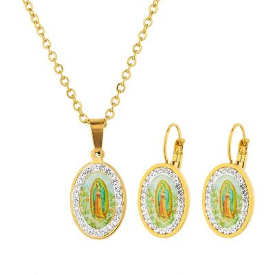 China 3-piece Religion Photo Jewelry Set TZ126 Guada Rupee Pendant Virgin Mary Pure Gold Chain 3 Piece Jewelry Set Earrings for sale