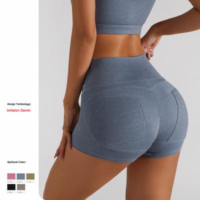 China New Arrival 2022 Seamless Logo Imitate Denim Nude Custom Yoga Shorts Hip Lift Sports Tight Shorts Women Gym Shorts for sale