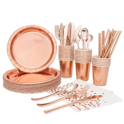 China Romantic Rose Gold Party Supplies Disposable Paper Tableware Paper Plate Cutlery Cups Napkins Cutlery For Wedding Girl for sale