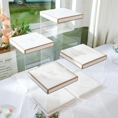 China Recycled Materials Clear Wedding 2021 Birthday PET Tall Cake Box Plastic With Ribbon Arcylic Large White Cake Box Large Cake Packaging Boxes for sale