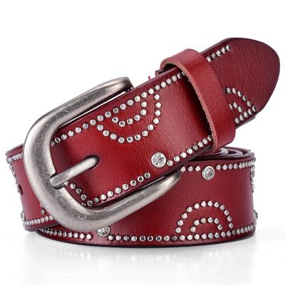 China Alloy Fashion All-match Lady's Rivet Belt Rhinestone Inlaid With Gold Pin Buckle Genuine Leather Belt New Casual Cowhide Women's Belt for sale