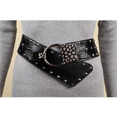 China Ultra Wide Women's Leather Belt Ring Buckle Metal Rivet Decor Lady Dress Belt Custom Alloy Pin Buckle for sale