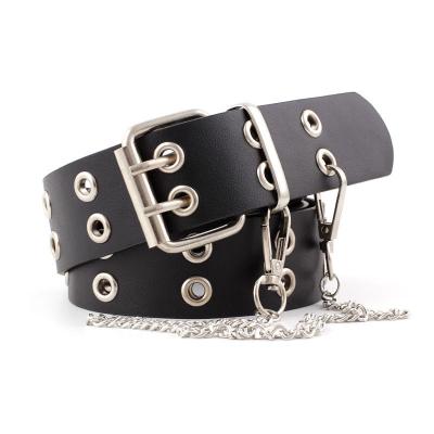 China Decorative ALLOY Amazon Designer Belt Chain Ladies Belts Different Holes Hot Punk Wind Artificial Leather Belt With Chain for sale