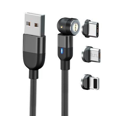 China Support charging +data transmission 3 in 1 usb magnetic cable fast charging 540 degree rotating LED light magnetic phone cable cheap price magnet data flowing cavo for sale